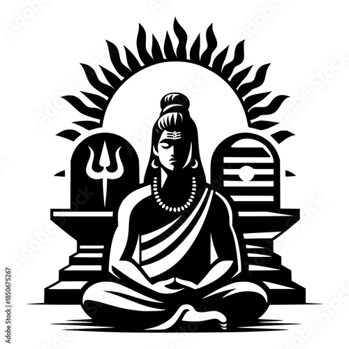 A youth devote Rishi of lord Shiva sitting on the ground, meditating and imagining Shivalinga vector illustration image