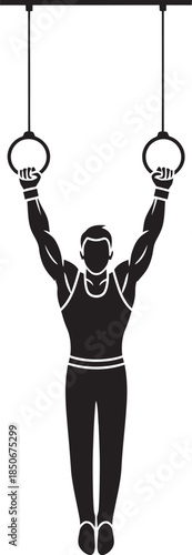 High-quality male gymnast silhouette vector hanging from still rings in a vertical hold. Ideal for gymnastics club branding, fitness training graphics, Olympic sports illustrations, and athletic logo.