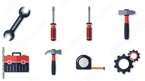 Set of various repair tools including wrenches screwdrivers and hammer
