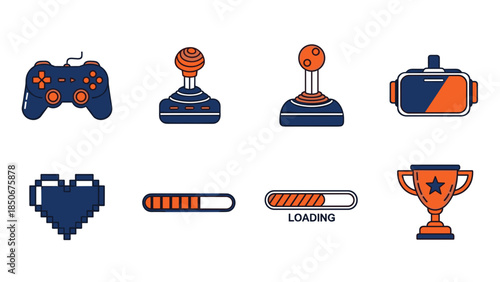 Collection of retro video game controllers, joystick, trophy