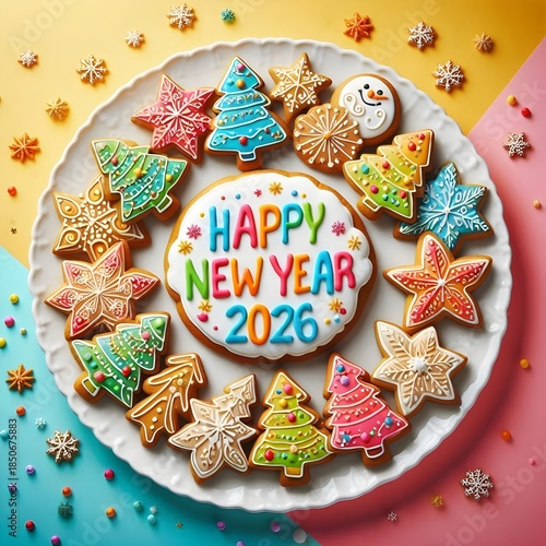 Festive Happy 2026 New Year gingerbread cookies with icing. Isolated vector illustration