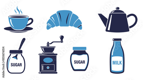 Set of coffee tools and ingredients including cup croissant sugar milk