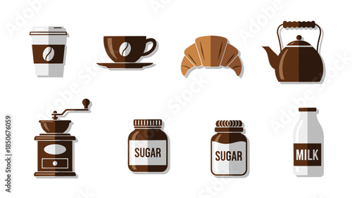 Set of coffee and tea related items with sugar jars and croissant