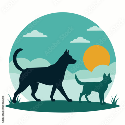 Dog and Puppy Walking at Sunset Flat Vector Illustration