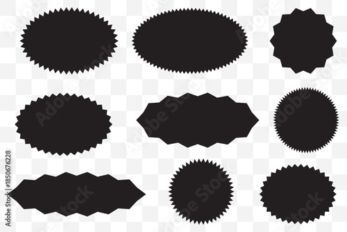 Red starburst badge vector set with spiky jagged sale labels and promotional sticker shapes for discount tags, posters, banners, and graphic design