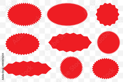 Red starburst badge vector set with spiky jagged sale labels and promotional sticker shapes for discount tags, posters, banners, and graphic design