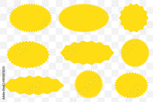 Red starburst badge vector set with spiky jagged sale labels and promotional sticker shapes for discount tags, posters, banners, and graphic design