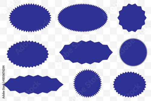 Red starburst badge vector set with spiky jagged sale labels and promotional sticker shapes for discount tags, posters, banners, and graphic design