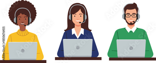 Customer support team illustration, flat vector of call center operators wearing headsets working on laptops for online service