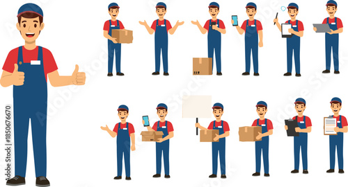 Delivery worker character set, flat vector illustration of courier man in uniform showing logistics, parcel handling and service poses gestures
