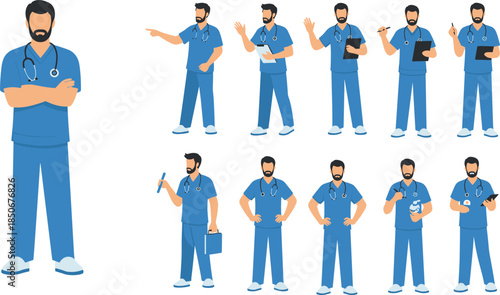 Male nurse character set, flat vector illustration of healthcare worker in scrubs showing medical poses and professional gestures concept design