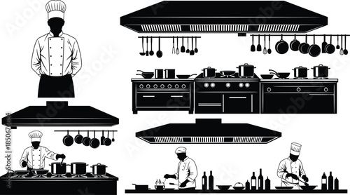 Professional commercial kitchen silhouette set featuring chefs cooking with industrial stoves exhaust hoods and hanging cookware for restaurant culinary design projects