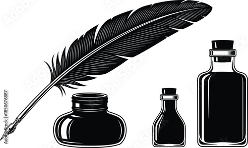 Vintage inkwell set with quill pen and glass ink bottles in black and white silhouette woodcut style for retro stationery design