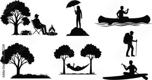 Set of Outdoor Adventure Silhouettes Featuring Camping Hiking Canoeing and Relaxing in Nature for Summer Travel Exploration and Wilderness Activity Graphic Design