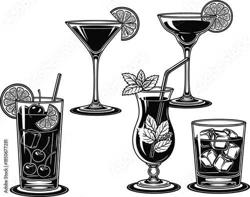 Hand Drawn Black and White Cocktail Illustrations Set Featuring Martini Margarita Mojito and Whiskey Drinks for Bar Menu Design and Nightlife Graphics