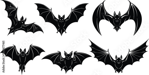 Set of Stylized Black Bat Silhouettes in Various Flying Poses and Wing Spans for Halloween Decorations, Gothic Vector Icons and Spooky Design Elements