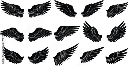 Set of Stylized Black Bird and Angel Wing Silhouettes in Various Poses for Logo Design, Tattoo Art, Heavenly Graphics and Heraldry Elements