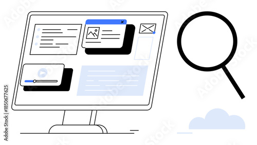Desktop screen displaying media cards, emails, and text documents under magnifying glass. Ideal for content organization, web design, search, usability, SEO research and data. Simple flat metaphor
