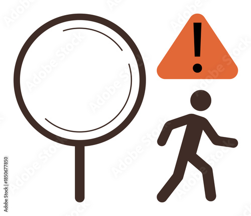 Magnifying glass, walking person, and orange warning triangle with exclamation mark. Ideal for safety, analysis, attention, investigation, caution observation alertness. Simple flat metaphor