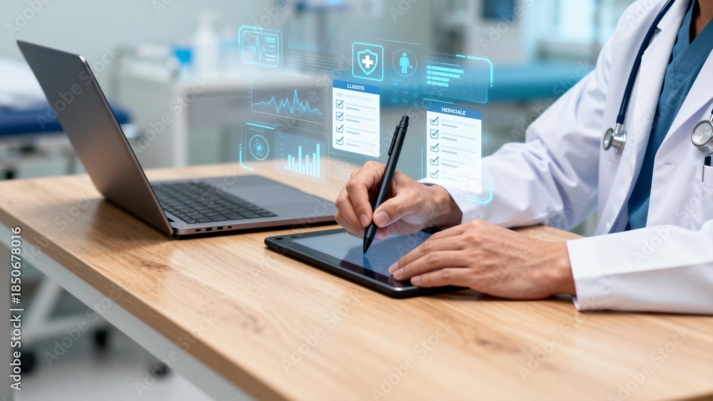 Obraz premium Doctor using digital tablet in clinic