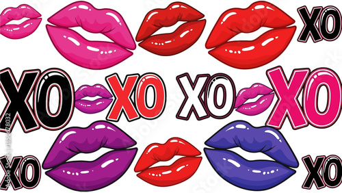 Colorful pop art lips and XO lettering on a black background design