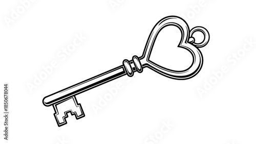 Vintage Ornate Heart-Shaped Skeleton Key Illustration – Romantic Antique Love Symbol Vector