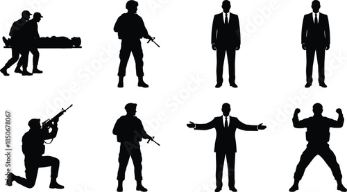 Black silhouette people set, businessman and soldier poses, military action figures, security concept, isolated vector illustration on white background