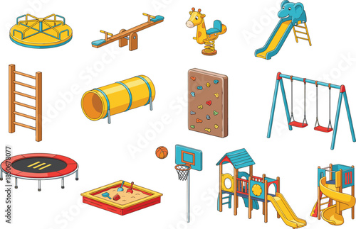 Colorful playground equipment vector illustration set featuring slides swings seesaw sandbox climbing wall tunnel trampoline merry go round for kids