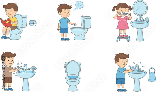 Kids bathroom hygiene routine vector illustration showing children using toilet flushing washing hands brushing teeth daily habits cartoon education design