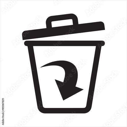 Simple black and white icon of a trash can with a recycling arrow inside, isolated on