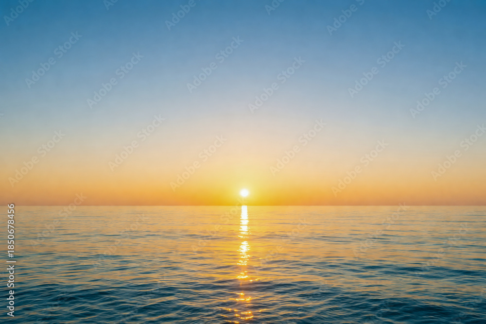 Naklejka premium horizontal orientation peaceful ocean sunrise over calm water with golden sunlight reflecting on gentle waves, warm gradient sky in soft orange and blue tones, serene natural seascape evoking hope