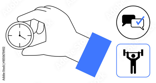 Hand holding a clock represents time management chat bubble with a checkmark symbolizes communication and tasks person lifting weights illustrates health priorities. Ideal for productivity