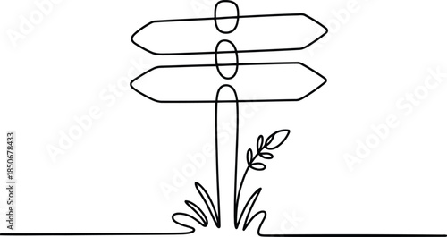 A continuous line drawing shows a blank signpost with two empty arrow signs and a small plant