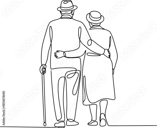 A continuous line drawing shows an elderly couple walking arm in arm, symbolizing lasting love and companionship
