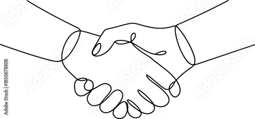 A continuous line illustration shows two human hands engaged in a firm handshake agreement