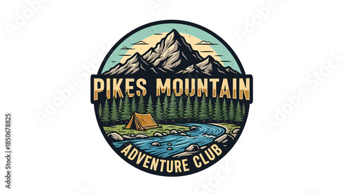 Pikes Mountain Adventure Club Emblem Featuring Camping Tent, Lake, and Forest