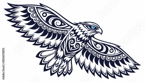  Stylized Tribal Eagle Flying Illustration with Blue Eyes
