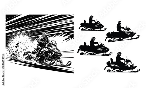Snowmobiler kicking up snow while speeding across a snowy landscape