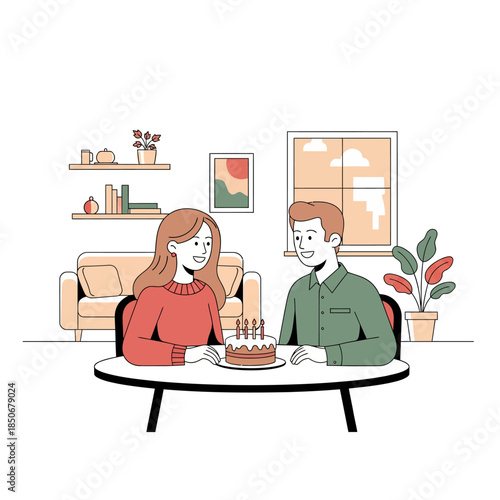 Cozy christmas and happy holidays winter scene with a joyful couple celebrating a birthday or anniversary indoors, complete with festive decorations and a delicious cake