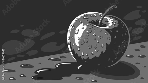 Black and White Apple Art with Water Drops and Reflective Surface