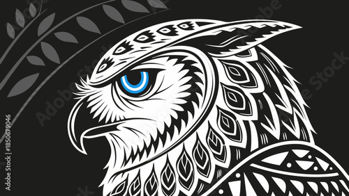 Stylized Owl Illustration with Intense Blue Eyes on Dark Background