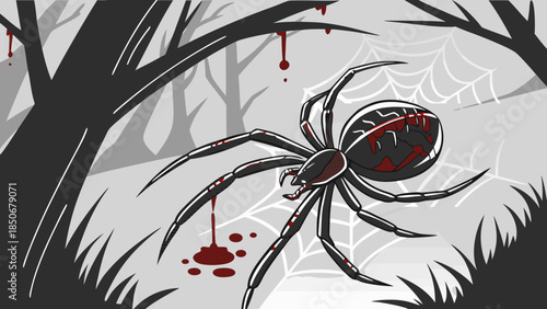 Bloody Spider on Cobweb in Dark Forest - Scary Halloween Night Scene