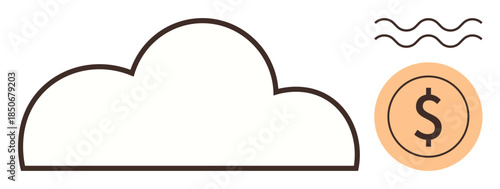 Outline cloud with a dollar coin icon and stylized connection lines. Ideal for finance, cloud computing, digital economy, technology, savings, data storage, modern innovation. Clean flat metaphor