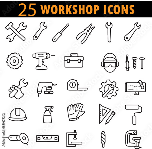 Workshop Icons Vector Set Illustrating Training Sessions, Skill Development Activities, Practical Learning Tools and Professional Practice Concepts