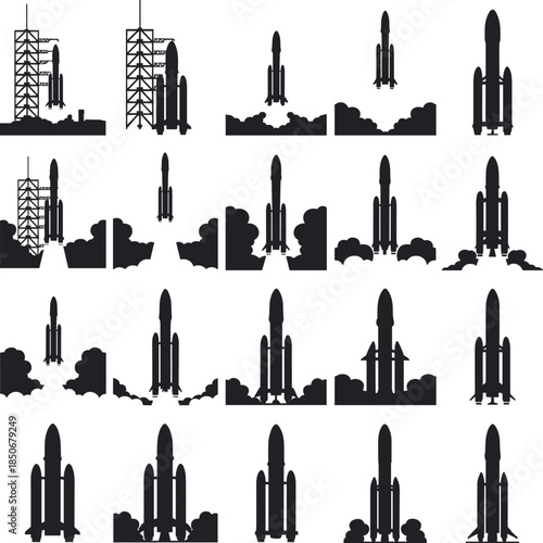 Black and white rocket launch sequence space