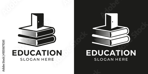 Education logo design illustration. Book stack design with door vector symbol inspiration.