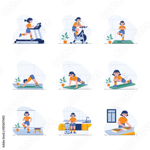 Grab this set of healthy lifestyle and activities flat illustrations in trendy style