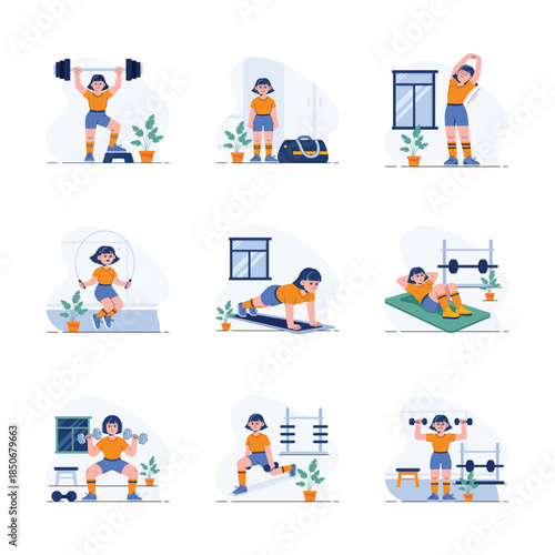 Take a look at this amazing flat style workout routine and fitness illustrations set
