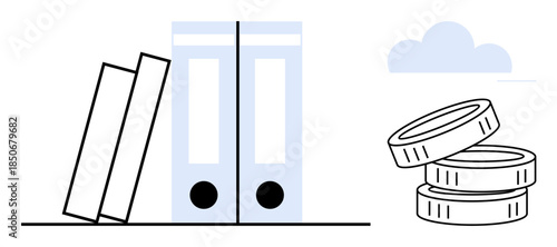 Financial management, bookkeeping, accounting, business records, organization, economy. Folders and stacked coins next to each other financial management and bookkeeping concepts