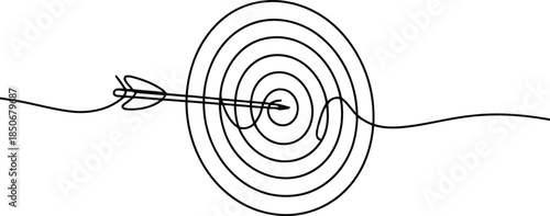 A single continuous black line draws a target with an arrow hitting the bullseye on white